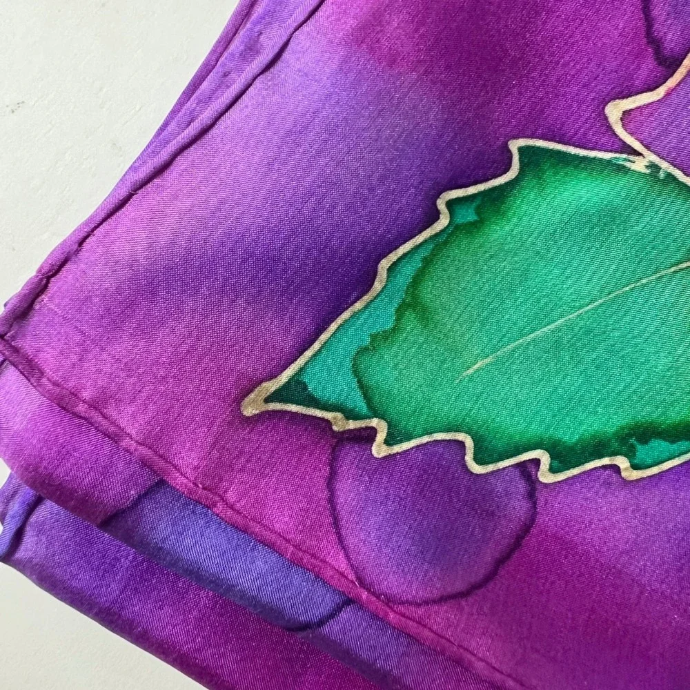 Handpainted Silk Floral Scarf Signed JT Purple Orange Green 8 x 72